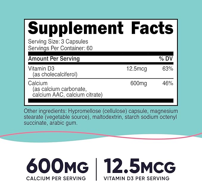 Nutricost Calcium (600mg) + Vitamin D3 (12.5mcg) for Women, 180 Capsules - Vegan, Non-GMO, Gluten Free - 60 Servings