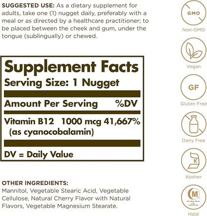SOLGAR Sublingual Vitamin B12 1000 mcg - 100 Nuggets - Non-GMO, Vegan, Gluten Free, Dairy Free, Kosher, Halal - 100 Servings