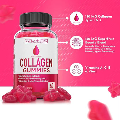 Atlantis Nutrition Collagen Peptides Gummies for Women - Formulated with Type I & III - Vitamin & Superfruit Beauty Blend - Formulated to Support Hair, Nail & Skin Health | 60 Count