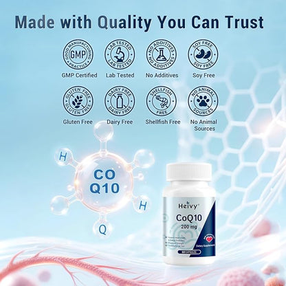 CoQ10 200mg - High Absorption 99% Ubiquinone Coenzyme Q10 - CO Q 10 Supplement Support Heart Health, Antioxidant & Energy Supplement - 60 Vegan Capsules