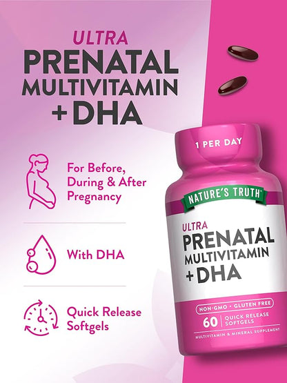 Nature's Truth Prenatal Multivitamin for Women | with DHA and Folic Acid | 60 Softgels | Non-GMO & Gluten Free Supplement
