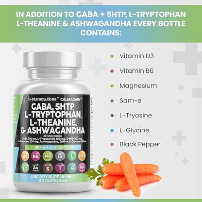 Clean Nutraceuticals GABA 750mg 5 HTP 200mg L Tryptophan 500mg L Theanine 200mg Ashwagandha SAM-e L-Glycine - Mood Support Vitamins for Women and Men with L-Tyrosine (90 Count (Pack of 2))
