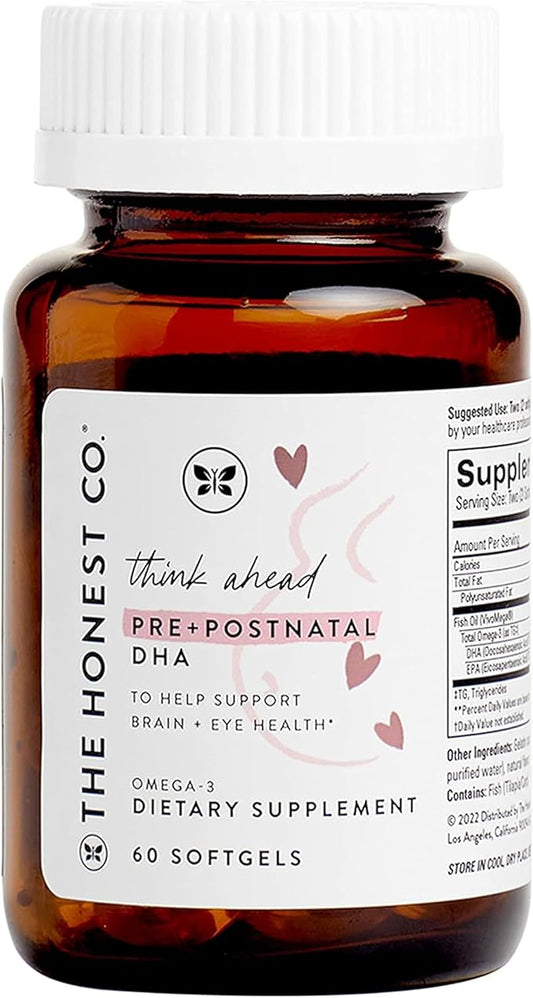 The Honest Company Think Ahead Pre + Postnatal DHA Supplement | NSF Certified, Non GMO Multivitamin | 60 Count Softgels