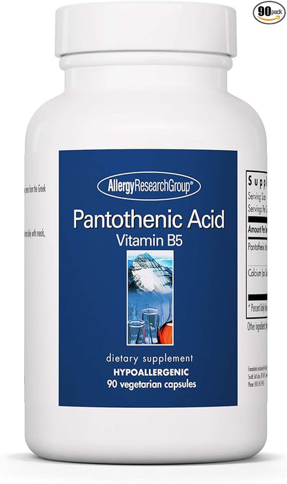 Allergy Research Group Pantothenic Acid - Vitamin B5 for Men & Women, Calcium, 500mg Supplement, Pure, Organic, Vegetarian Capsules - 90 Count