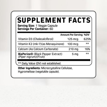 Vitamin D3 K2 Calcium Supplement - Vitamin D 5000 IU + Vitamin K2 MK7 100 mcg, Bone Strength & Heart Health Supplements for Women & Men, D3K2 Teeth Vitamins with Bioperine (60 Count (Pack of 2))