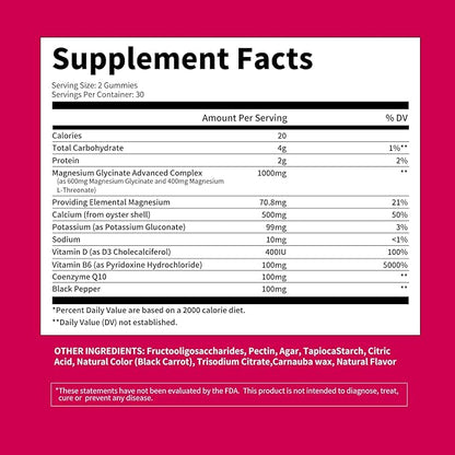 Magnesium Glycinate Gummies 1000mg - for Adults Magnesium Potassium Supplement with Vitamin D, B6, CoQ10 for Calm Mood & Sleep Support - 120 RaspberryGummies -2 Pack