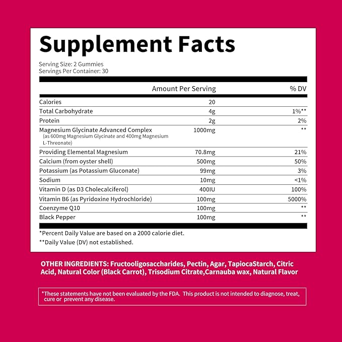 Magnesium Glycinate Gummies 1000mg - for Adults Magnesium Potassium Supplement with Vitamin D, B6, CoQ10 for Calm Mood & Sleep Support - 60 Raspberry Gummies -1 Pack