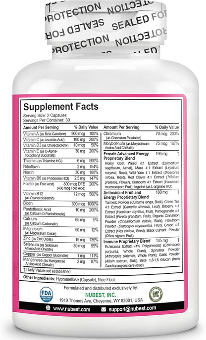 39-in-1 Capsules Horny Goat Weed, Maca, Wild Yam, Red Clover, Cranberry, Arginine, Vitamins, Minerals, Herbals Supplement for Women by Women's Multi 18+ - Support Women's Health - 60 Vegan Capsule