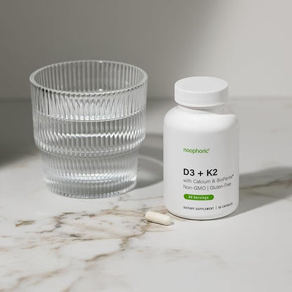 Noophoric D3 K2 Vitamin 5000 IU - Vitamin K2 100 mcg MK7, Calcium, BioPerine - Bone Health & Immune Support Supplement - Gluten-Free, Non-GMO - Vitamin D3 K2 Supplement (60 Servings)