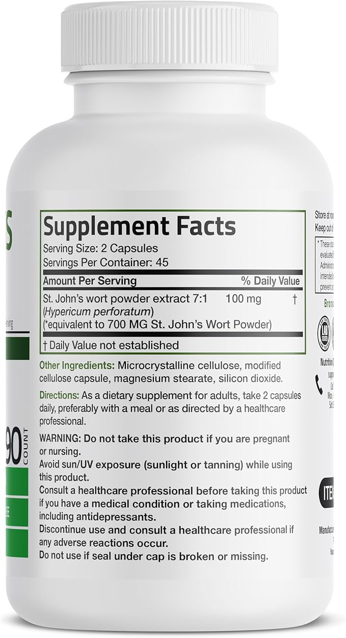 Bronson St. John's Wort 700 MG per Serving Hypericum Perforatum Supports a Positive Mood - Non-GMO, 90 Vegetarian Capsules