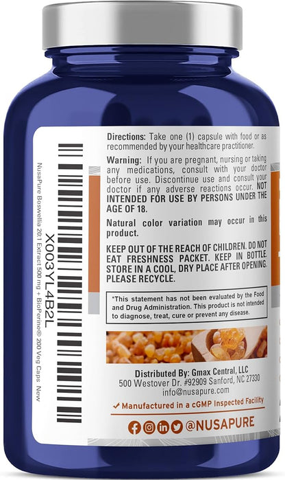 NusaPure Boswellia Serrata 10,000 mg Per Veggie Caps 200 Count (Ext. 20:1, Non-GMO, Vegan, Bioperine) Ayurvedic Herb: Indian Olibanum, Frankincense