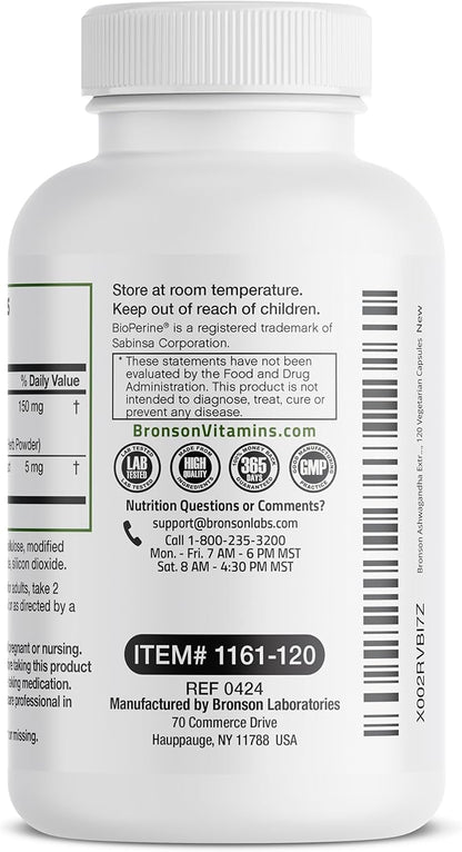 Bronson Ashwagandha Extra Strength Stress & Mood Support with BioPerine - Non GMO Formula, 120 Vegetarian Capsules