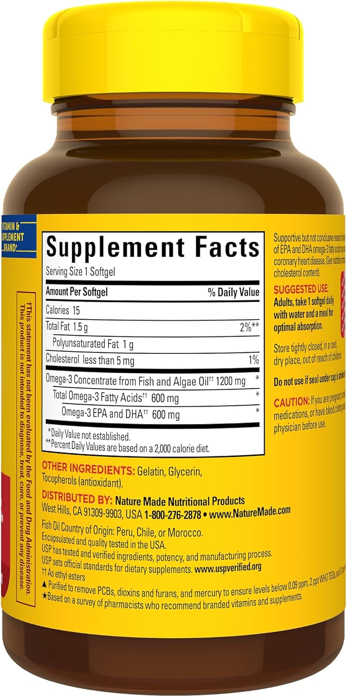 Nature Made Omega 3 Fish Oil and Algae Oil Supplements, 1200mg, Omega 3 Supplement for Heart, Brain and Eyes Support, One Per Day, 60 Softgels