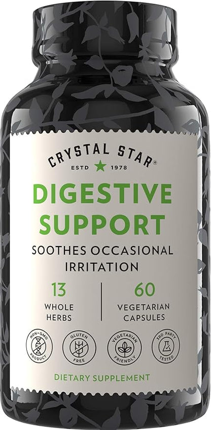 Crystal Star Digestive Support Supplement (60 Capsules) - Herbal Gut Health Supplement That Helps with Occasional Gas & Bloating - Peppermint, Aloe Vera, Slippery Elm & Ginger – Non-GMO