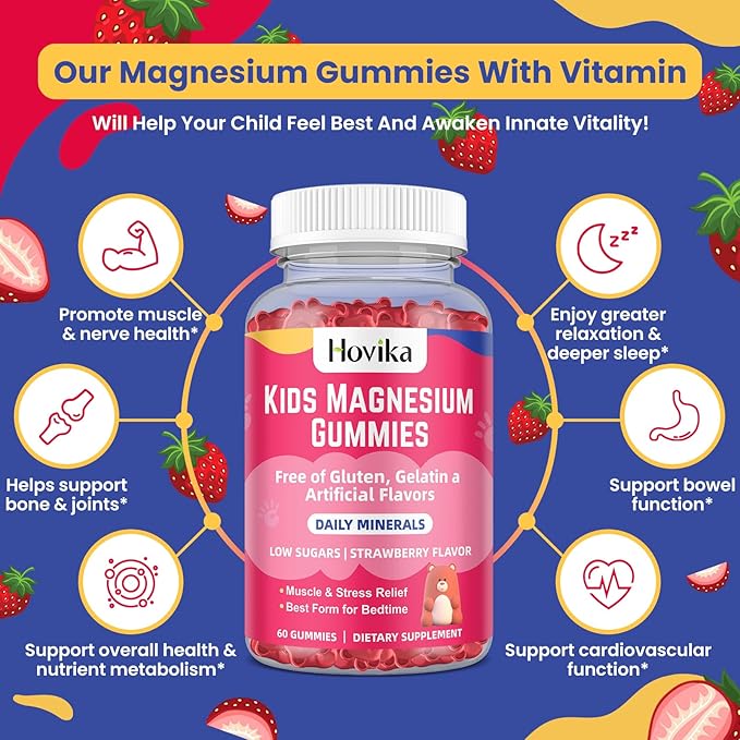 Magnesium Citrate Gummies for Kids - Great Tasting Kids Magnesium Calm Supplement Support Nerve & Bone Health, Strong Muscle for Kids Wellness, Vegan Strawberry Flavor Low-Sugar, 2 Pack-60 Count