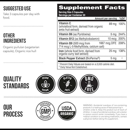 Organic Iron Supplement | Whole Food Iron & Cofactors, 25 mg Elemental Iron | Enhanced Absorption Plus Blood Builder Vitamins - Gentle Form - Support Healthy Iron Level & Blood Health - 90 Capsules