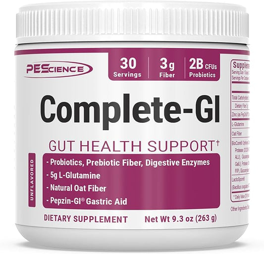 PEScience Complete-GI Gut Health Powder, Unflavored, Probiotics for Women and Men, Digestive Enzymes, Prebiotic Fiber, L Glutamine, Zinc Carnosine, 30 Servings