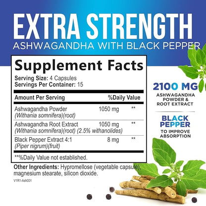 Ashwagandha Supplement 2100mg - Extra Strength Herbal Root Extract, Best Ashwagandha Supplements for Men & Women, Restore, Unwind, Calm Support Formula, Vegetarian, Non-GMO, Gluten-Free, 60 Capsules