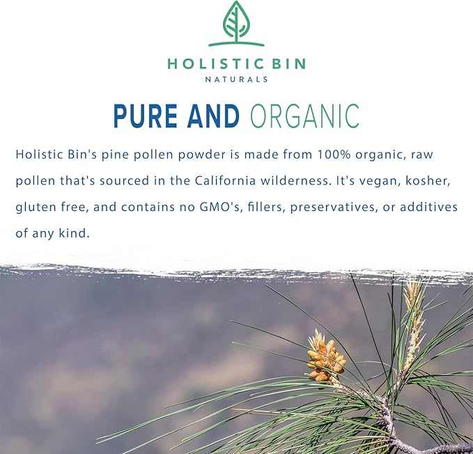 Holistic Bin Organic Pine Pollen Powder Pharmaceutical Grade, Wild Harvested, Golden California Pine Pollen | Non GMO, No Additives | Pure Pollen Supplement Made from The Ghost Pine Tree, 20 g