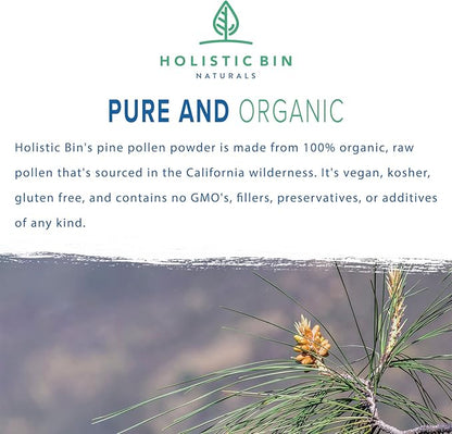 Holistic Bin Organic Pine Pollen Powder Pharmaceutical Grade, Wild Harvested, Golden California Pine Pollen | Non GMO, No Additives | Pure Pollen Supplement Made from The Ghost Pine Tree, 20 g