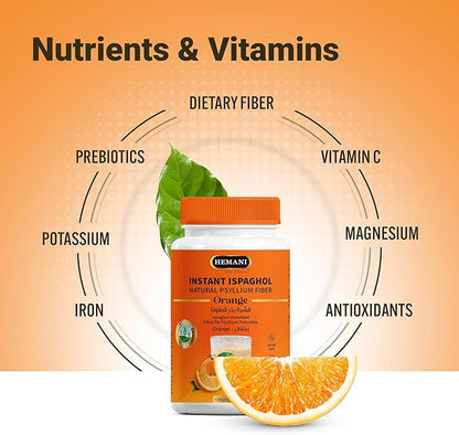 Hemani Instant Psyllium Husk Ispaghol 100g | Orange Flavored On-The-Go Fiber Supplement | Supports Digestive Health | Add to Water for a Refreshing Drink