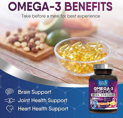 Omega 3 Fish Oil 2400 mg - Triple Strength Omega3, EPA & DHA Fatty Acids Supplement - Natural Support for Immune, Heart & Brain Health - Wild Caught, Non-GMO, Lemon Flavor, Burpless - 180 Softgels