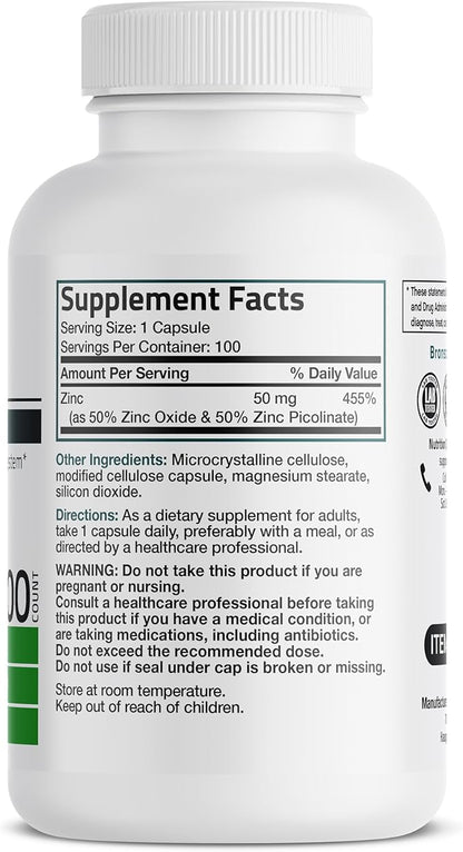 Bronson Zinc 50mg Complex High Potency Immune Support Supplement & Antioxidant and Skin Health - Non GMO, 100 Vegetarian Capsules