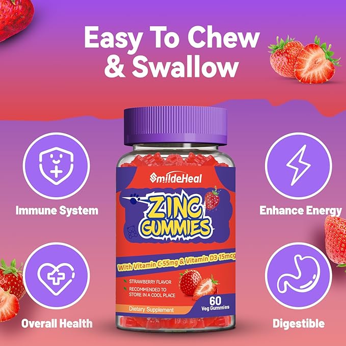 Zinc Gummies, Zinc 50mg, Zinc Citrate, with Vitamin C, Vitamin D3, Non-GMOs, Gluten Free, Strawberry Flavor Gummies, 60 Count