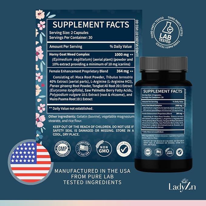 Lady Libido Supplement for Women Support Mood, Drive & Energy, with Hornygoatweed & Maca Root | Female Libido Booster for Women | Hormone Balance Pills to Relieve Stress & Reduce Dryness - 60 Capsules