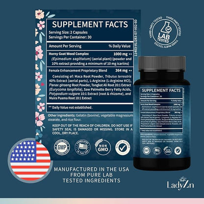 Lady Libido Supplement for Women Support Mood, Drive & Energy, with Hornygoatweed & Maca Root | Female Libido Booster for Women | Hormone Balance Pills to Relieve Stress & Reduce Dryness - 60 Capsules