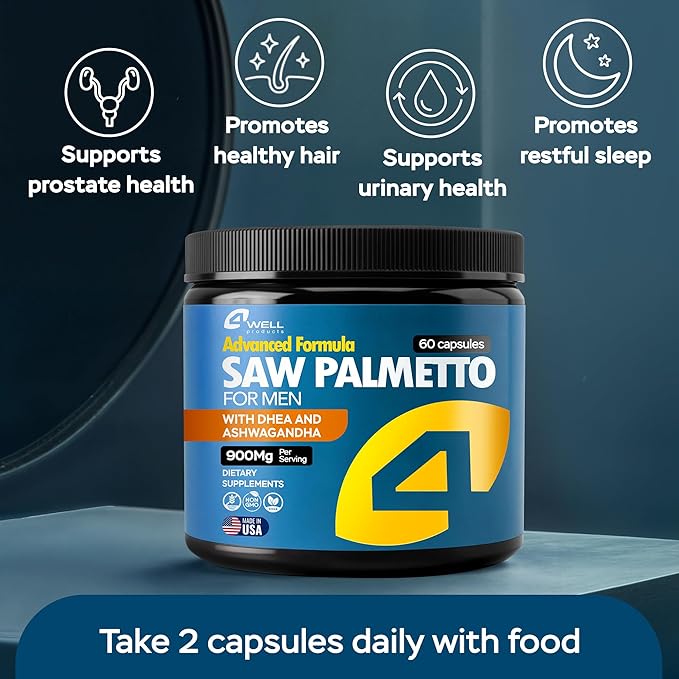 Improved Complex Saw Palmetto for Men & Prostate Health Supplements for Men - Advanced Formula Saw Palmetto Extract w/ DHEA & Ashwagandha 900mg - DHT Blocker for Hair Support - Prostate Supplements