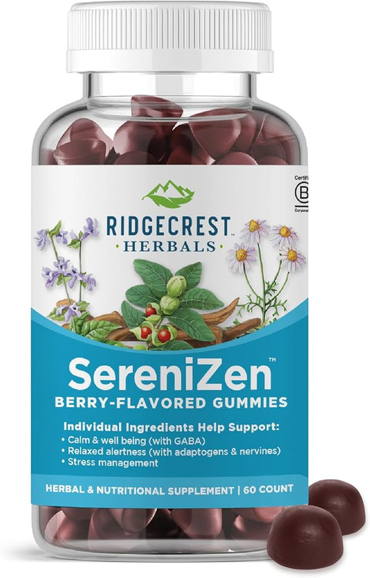 RidgeCrest Herbals SereniZen Gummies with Ashwagandha, GABA, L-Theanine, Chamomile & Lemon Balm, Supports Relaxation & Calm, Stress Management, Sleep. Daily Health Supplement, 60 Ct, 1-2 Month Supply