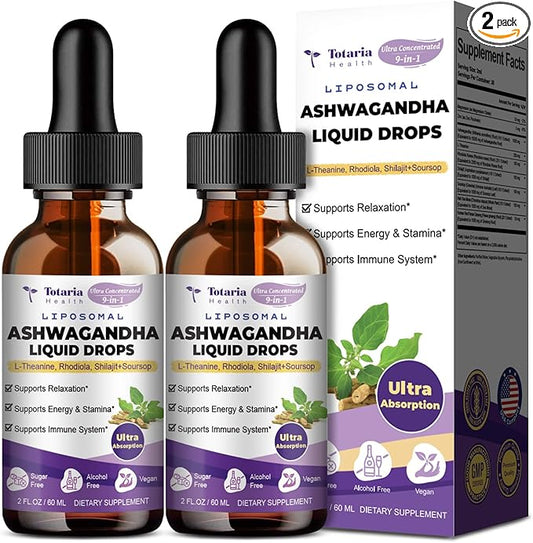 (2 Packs) Liposomal Ashwagandha Liquid Drops w/Soursop Bitters, L-Theanine, Shilajit, Maximum Absorption, Natural Energy, Cortisol Health for Women & Men, Non-GMO, Alcohol Free