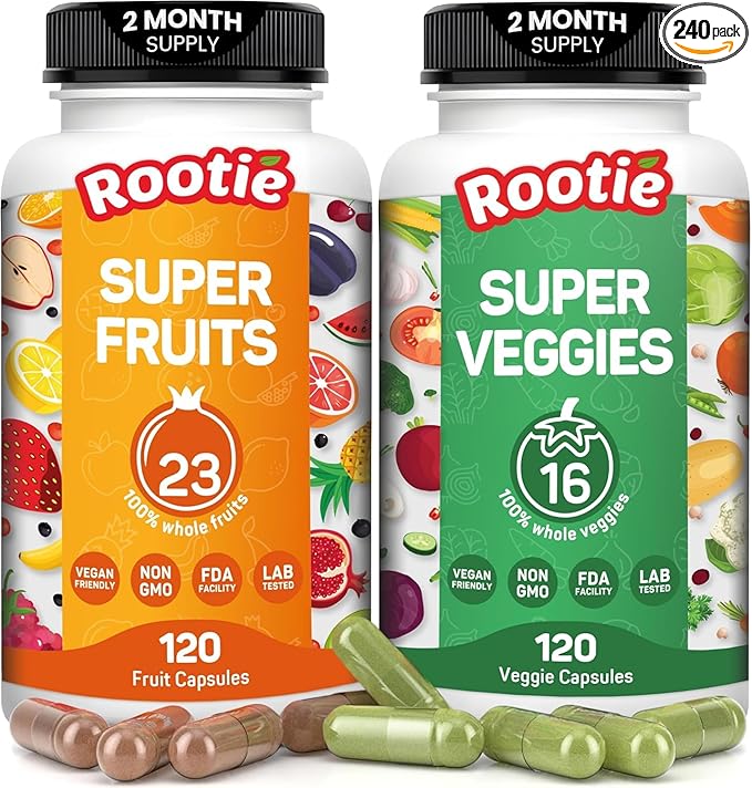 ROOTIE Fruits and Veggies Supplement Powerfull Blend of 39 Whole Fruits and Veggies, Fills Nutritional Gaps, Get Energy, Well-Being. USA Made Non-GMO/Vegan/Gluten Free.(60 Day Supply)