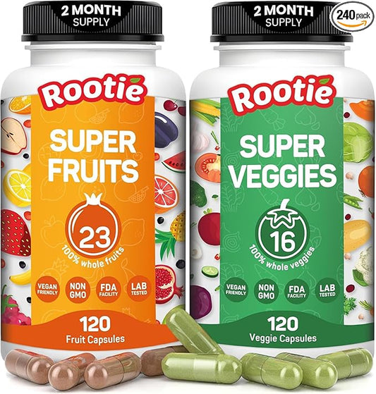 ROOTIE Fruits and Veggies Supplement Powerfull Blend of 39 Whole Fruits and Veggies, Fills Nutritional Gaps, Get Energy, Well-Being. USA Made Non-GMO/Vegan/Gluten Free.(60 Day Supply)