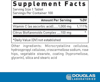 Douglas Laboratories Natural C 1000 mg. | Supports Skin, Blood Vessels, Tendons, Joints, Cartilage, Bone, and Circulatory System | 100 Tablets
