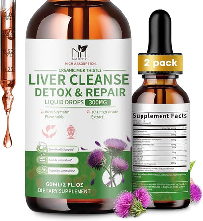 Milk Thistle Liquid Drops, Liver Cleanse Detox & Repair with 80% Silymarin, Artichoke Leaf, Dandelion Root, Glutathione, Promotes Liver Health, Antioxidant Support, 4 Fl Oz