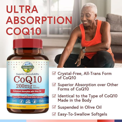 Terranics CoQ10 200mg, Coenzyme Q10 Supplement with Extra Virgin Olive Oil for Enhanced Absorption, Made in USA, Supports Heart Health, Antioxidant Protection, Energy Production, Non-GMO, 240 Softgels