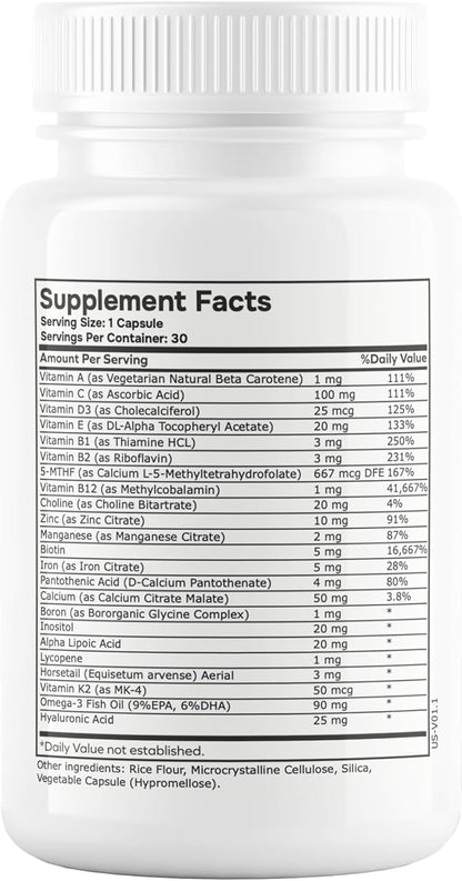 Womens Methylated Multivitamin Multimineral Horsetail, Iron, Biotin Complex with L Methylfolate for Ultra Absorption