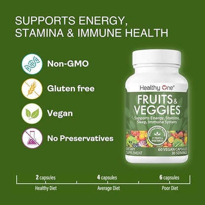 Fruits & Veggies - 27 Balanced Whole Foods of Nature - Vitamins - Minerals - Antioxidants - Detox - Vegetables - Kale - Broccoli - Spinach - Beets - Raspberries - Multivitamin - 60 Count