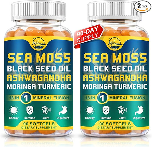 Nature's live Organic Sea Moss Softgels with Black Seed Oil, Ashwagandha, Bladderwrack, Ginger, Burdock Root, Manuka Honey, Cinnamon for Immune System, Skin, Energy, 90 Softgels, 2 Pack