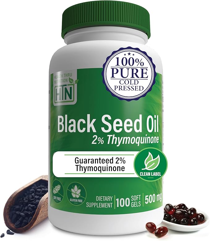 Health Thru Nutrition Black Seed Oil 500mg 100 Softgels | High Potency 2% Thymoquinone | 3rd Party Tested | Pure Cold Pressed | Organically Gown | Non-GMO, Gluten Free, Soy Free