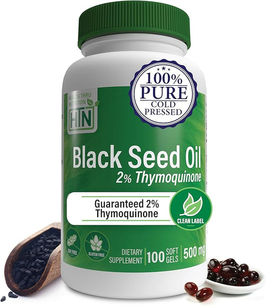 Health Thru Nutrition Black Seed Oil 500mg 100 Softgels | High Potency 2% Thymoquinone | 3rd Party Tested | Pure Cold Pressed | Organically Gown | Non-GMO, Gluten Free, Soy Free