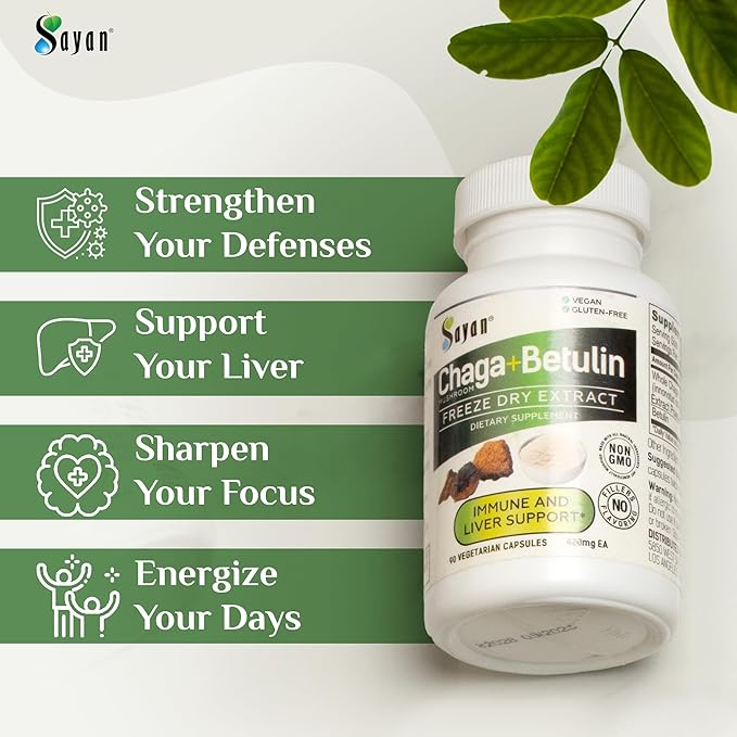 Sayan Siberian Chaga Mushroom Extract with Betulin – 90 Capsules/440mg ea – Wild-Harvested Antioxidant Blend – Immune System Support & Regulate Body Functions – Vegan, Non-GMO, No Fillers or Additives