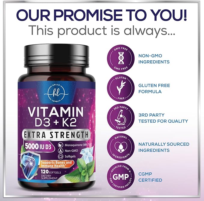 Vitamin D3 5000 IU with K2 100 mcg - D3 K2 Supplement, 2 in 1 Vitamins D & K2 Complex Softgels for Calcium Absorption, Bone, Teeth, Heart & Immune Support, Easy to Swallow, Non GMO - 120 Softgels