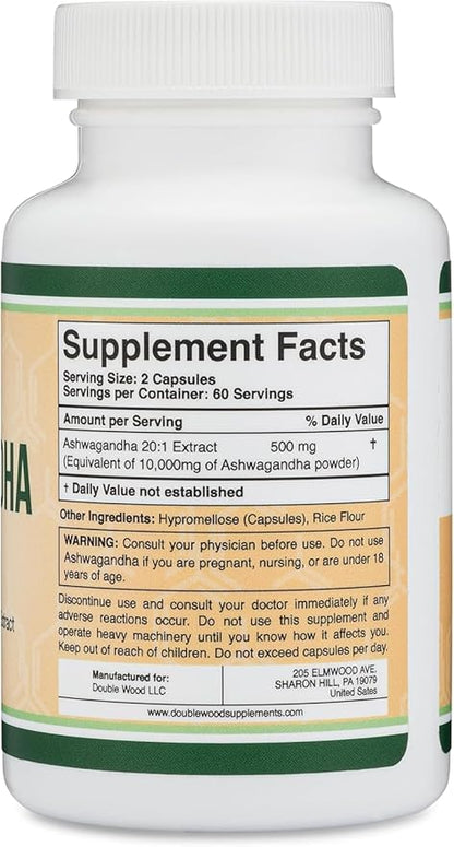 Ashwagandha Capsules, 120 Count (500mg Extract 20:1 Potency) Adaptogen Stress Relief by Double Wood