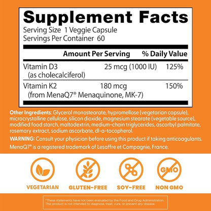 Doctor's Best Natural Vitamin K2 MK-7 Plus D3, Supports Tissue, Artery, & Bone Health, Non-GMO, Gluten Free, Soy Free, Vegetarian 60 Veggie Caps