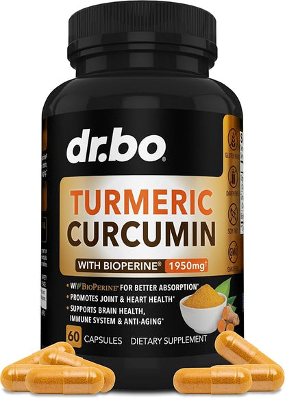 Turmeric Curcumin with BioPerine Supplement Capsules - Support Supplements with 1950mg Curcuma Longa Pure Organic Tumeric and Curcumin BioPerine Black Pepper - 60 Turmeric Pills