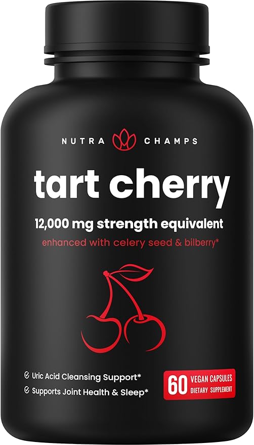 NutraChamps Organic Tart Cherry Extract Capsules 12,000mg - Made from Montmorency Tart Cherry Concentrate, Celery Seed & Bilberry - Uric Acid Cleanse & Joint Support - Vegan Tart Cherry Capsules
