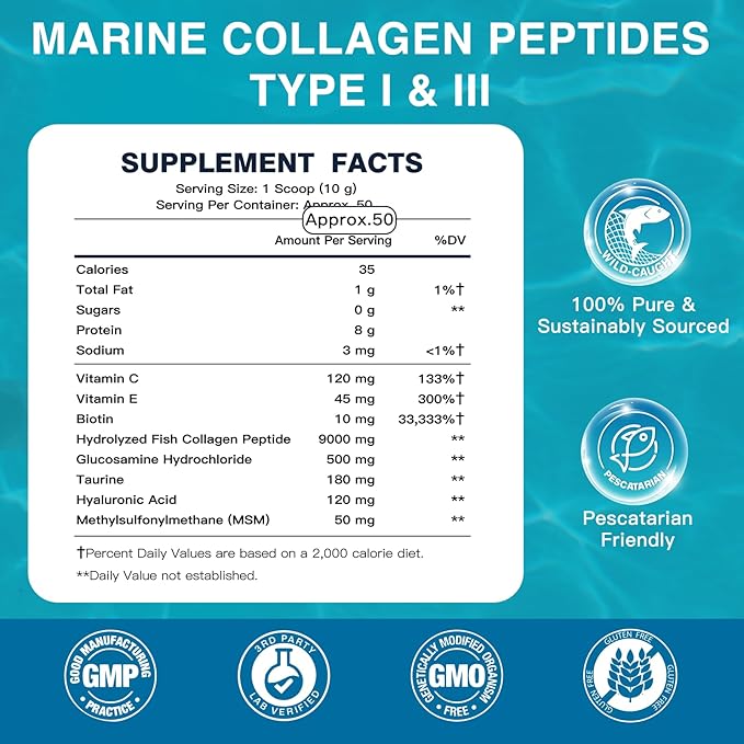 Marine Collagen Peptides Powder with MSM + GC, Multi Type I & III Collagen with Hyaluronic Acid, Vitamin C & E for Skin, Hair & Nails, Wild-Caught Fish, 50 Servings